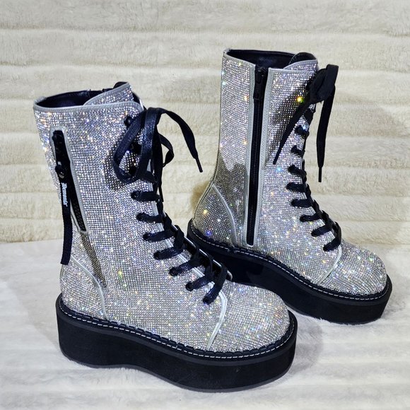Super Sparkle Iridescent Rhinestone Platform Combat Mid Calf Boots 362 Emily - Picture 7 of 17